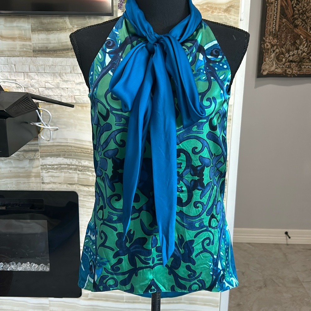 Elie Tahari Romantic  Printed Silk Neck Tie Vintage Y2 K Blouse. Size XS(370A)‎